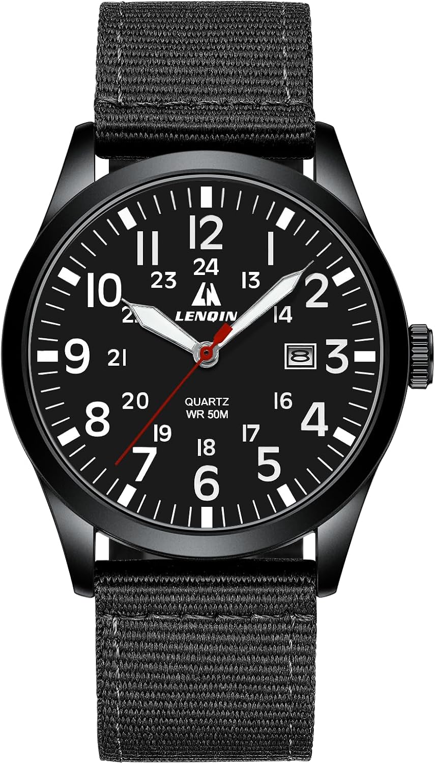 LN LENQIN Mens Watches Military Sport Analog Quartz Watch for Men | Nylon Strap Stylish Luminous Fashion 3ATM Waterproof Army Tactical Casual Wristwatch Unisex Watch for Men With Date