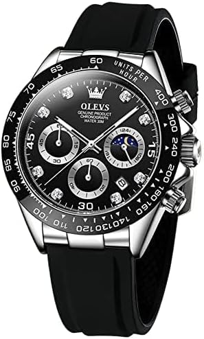 OLEVS Men Analog Quartz Waterproof Watches Multifunction Chronograph Diamond Moon Phase Luminous Silicone Band Wrist Watches