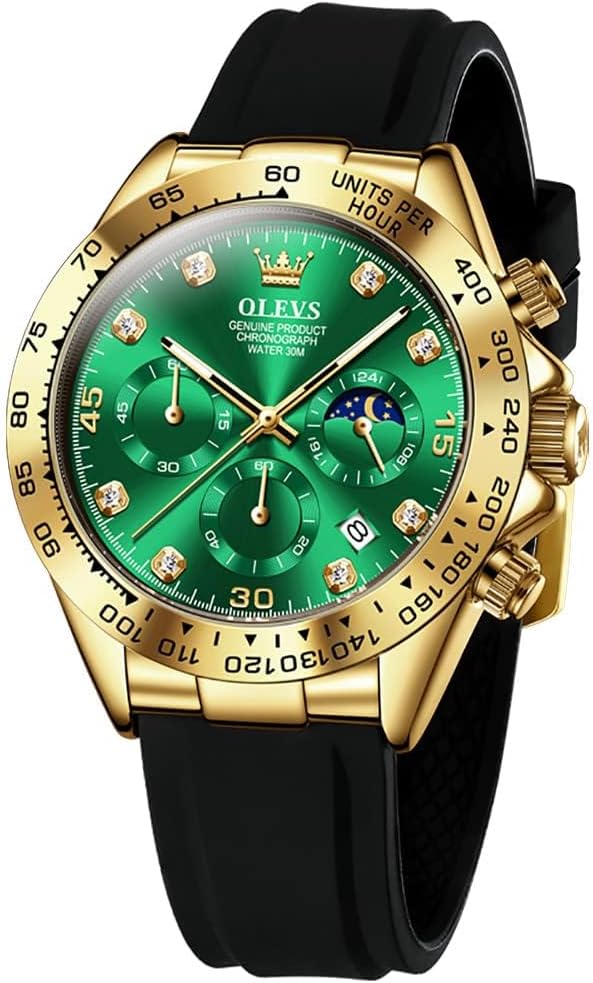 OLEVS Men Analog Quartz Waterproof Watches Multifunction Chronograph Diamond Moon Phase Luminous Silicone Band Wrist Watches