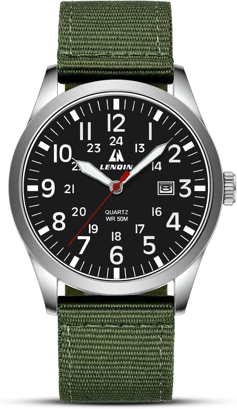 LN LENQIN Mens Watches Military Sport Analog Quartz Watch for Men | Nylon Strap Stylish Luminous Fashion 3ATM Waterproof Army Tactical Casual Wristwatch Unisex Watch for Men With Date