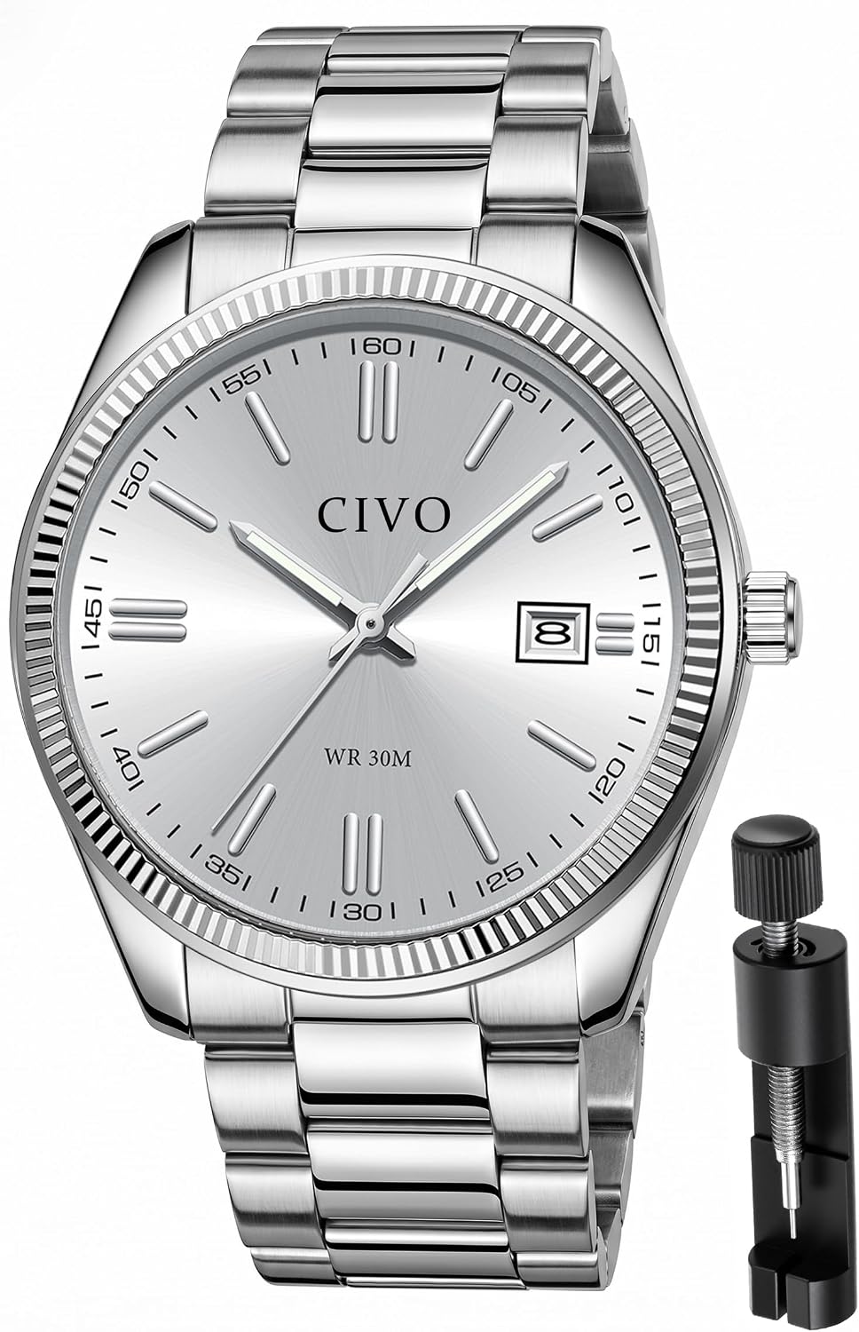 CIVO Analog Mens Watches Silver: Wrist Watches with Date Easy to Read | Dress Stainless Steel Watch for Men, Gifts for Husband Father at Birthday Anniversary