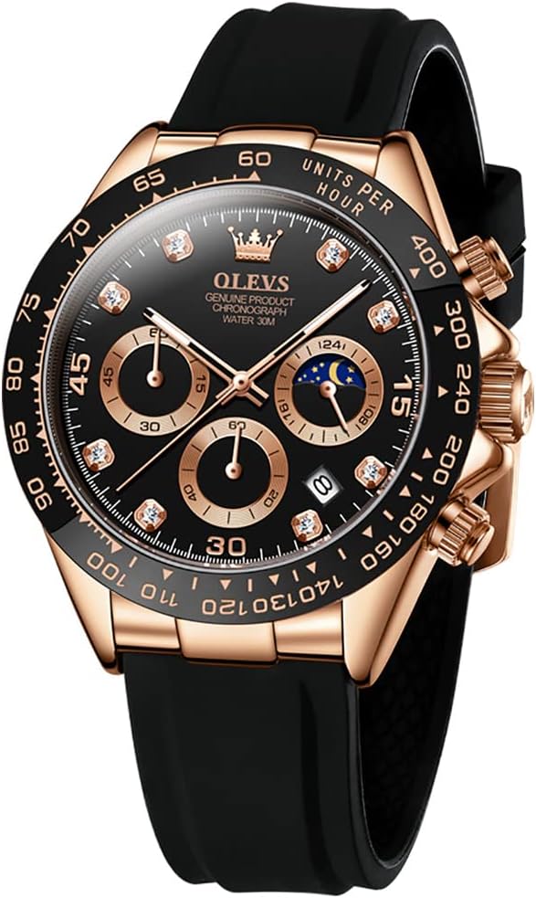 OLEVS Men Analog Quartz Waterproof Watches Multifunction Chronograph Diamond Moon Phase Luminous Silicone Band Wrist Watches