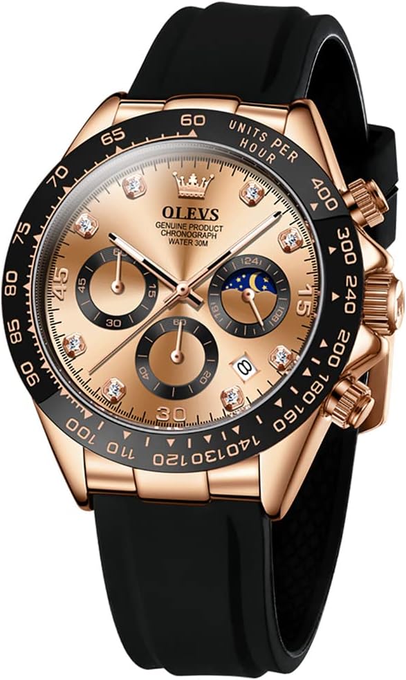 OLEVS Men Analog Quartz Waterproof Watches Multifunction Chronograph Diamond Moon Phase Luminous Silicone Band Wrist Watches
