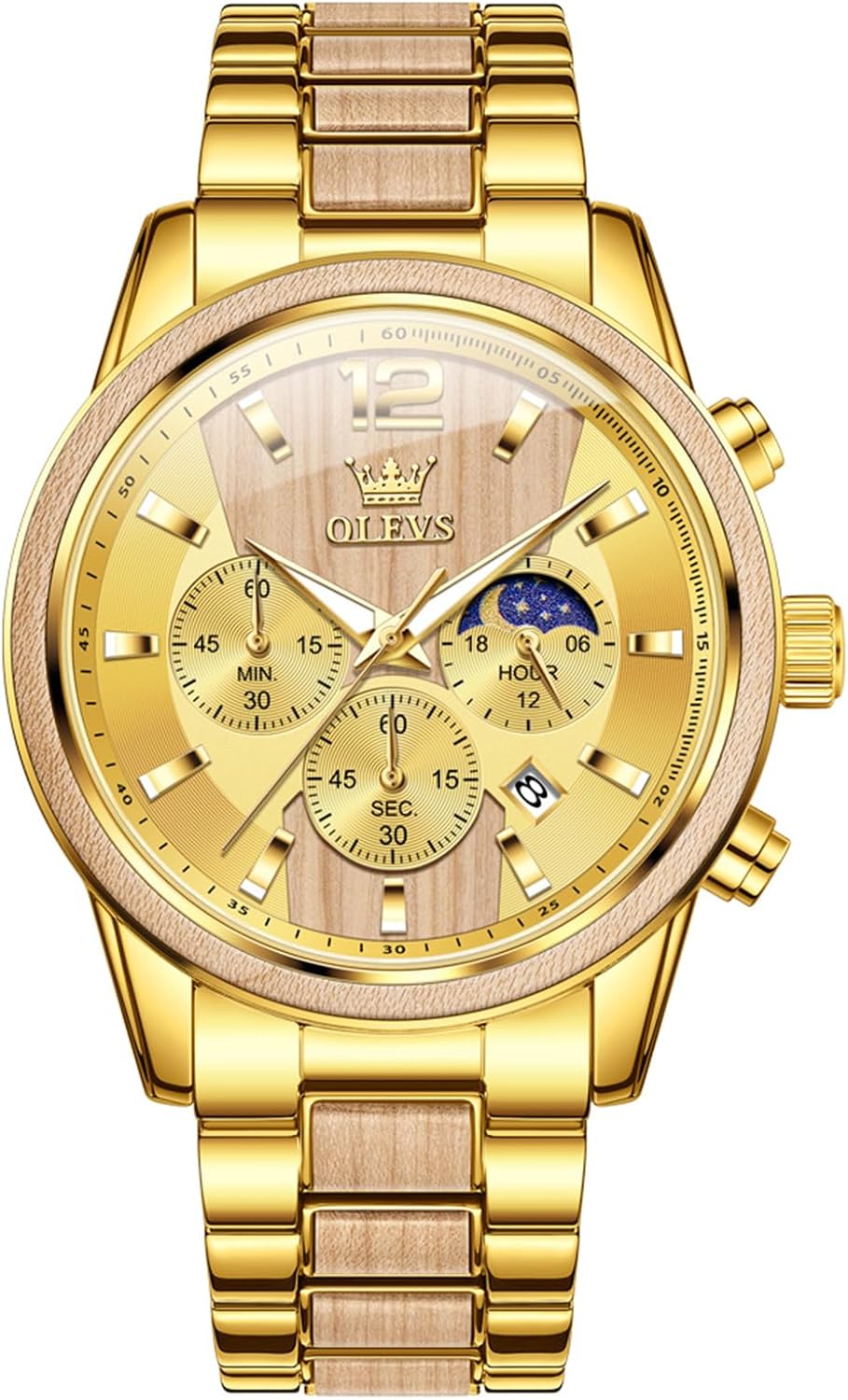 OLEVS Men Analog Quartz Waterproof Watches Multifunction Chronograph Diamond Moon Phase Luminous Silicone Band Wrist Watches