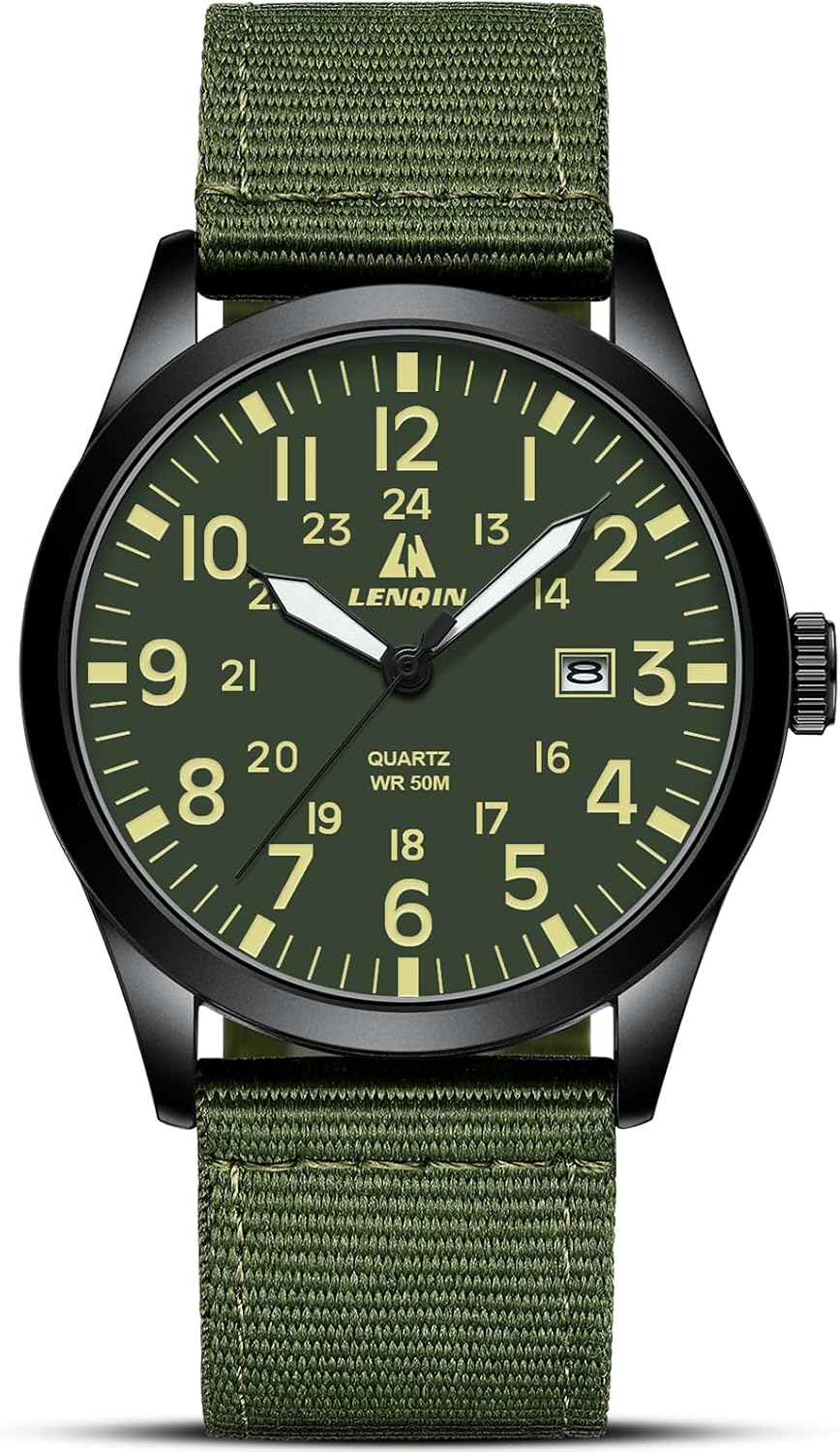 LN LENQIN Mens Watches Military Sport Analog Quartz Watch for Men | Nylon Strap Stylish Luminous Fashion 3ATM Waterproof Army Tactical Casual Wristwatch Unisex Watch for Men With Date